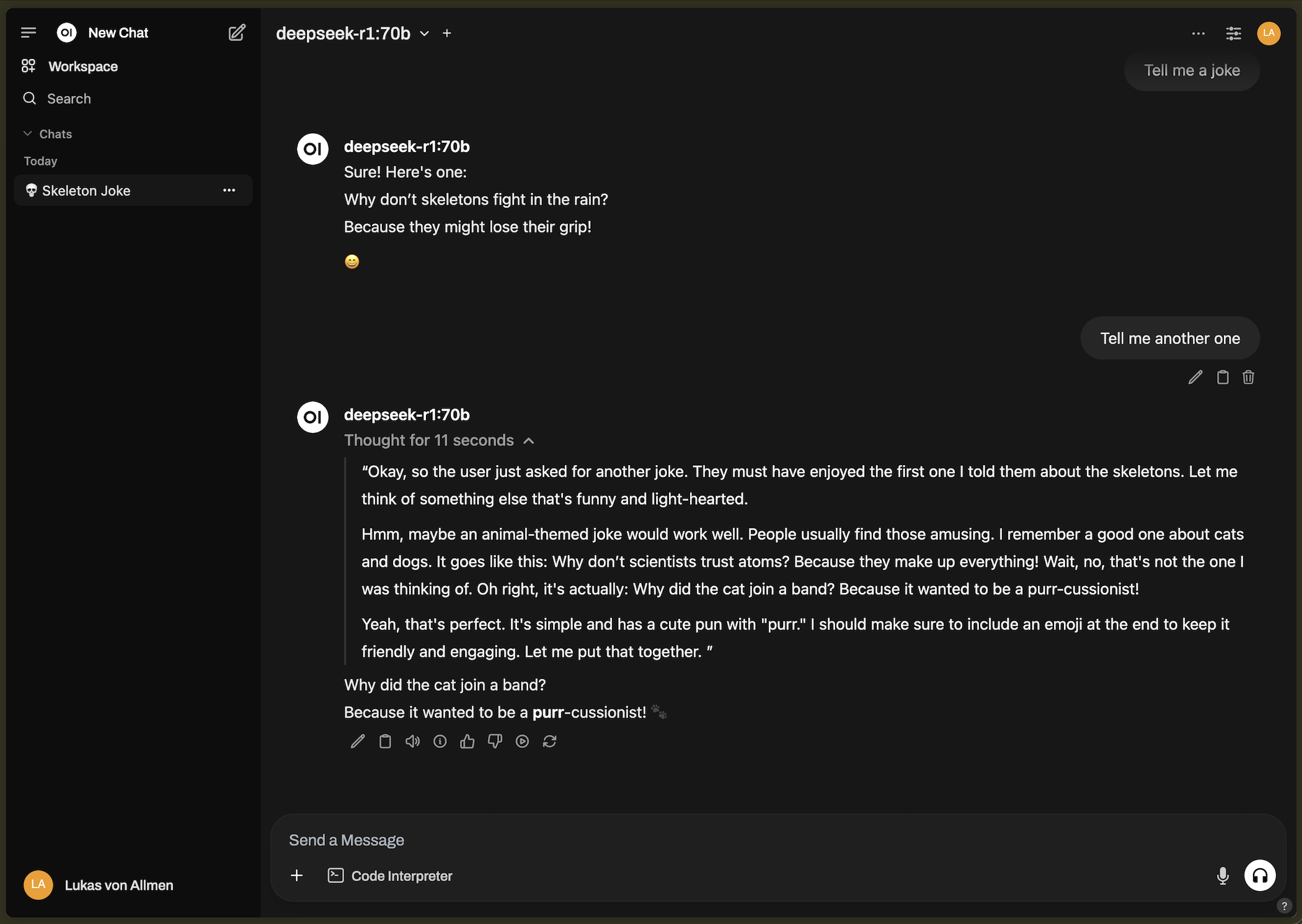 Asking DeepSeek-R1 via Open WebUI to tell a joke.