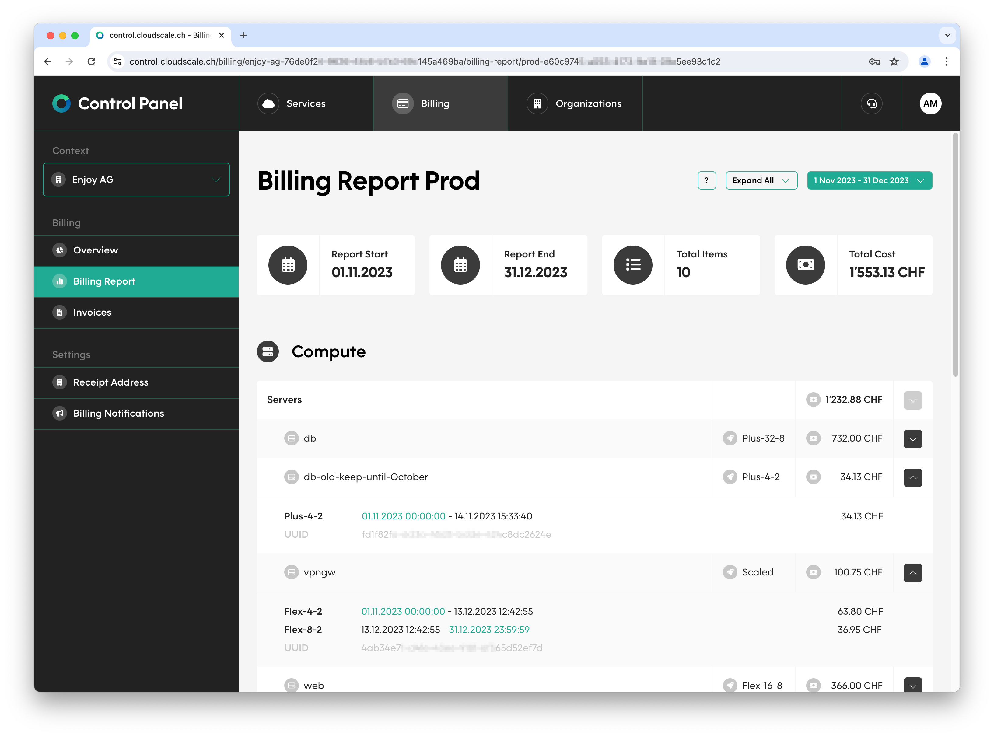 New billing report with a list of the actual to-the-second costs.