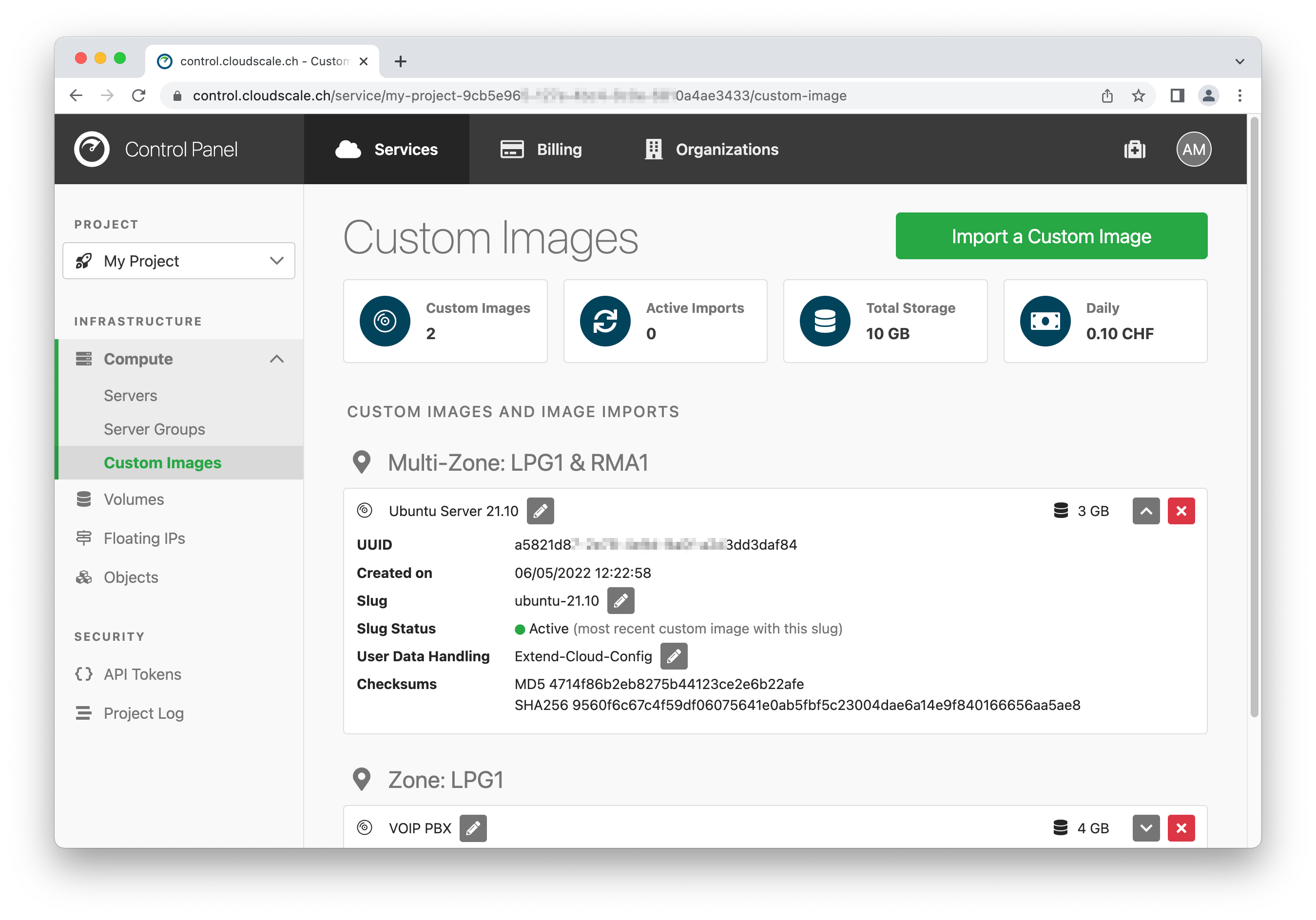 Custom image management in the cloud control panel.