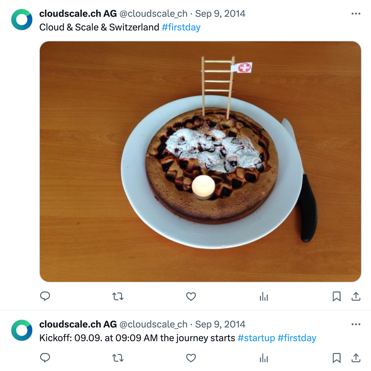 Tweets from the early days: In 2014, on 09.09. at 09:09 AM, cloudscale sets off on its journey. At the beginning of 2016, the cloud is ready for the general public.