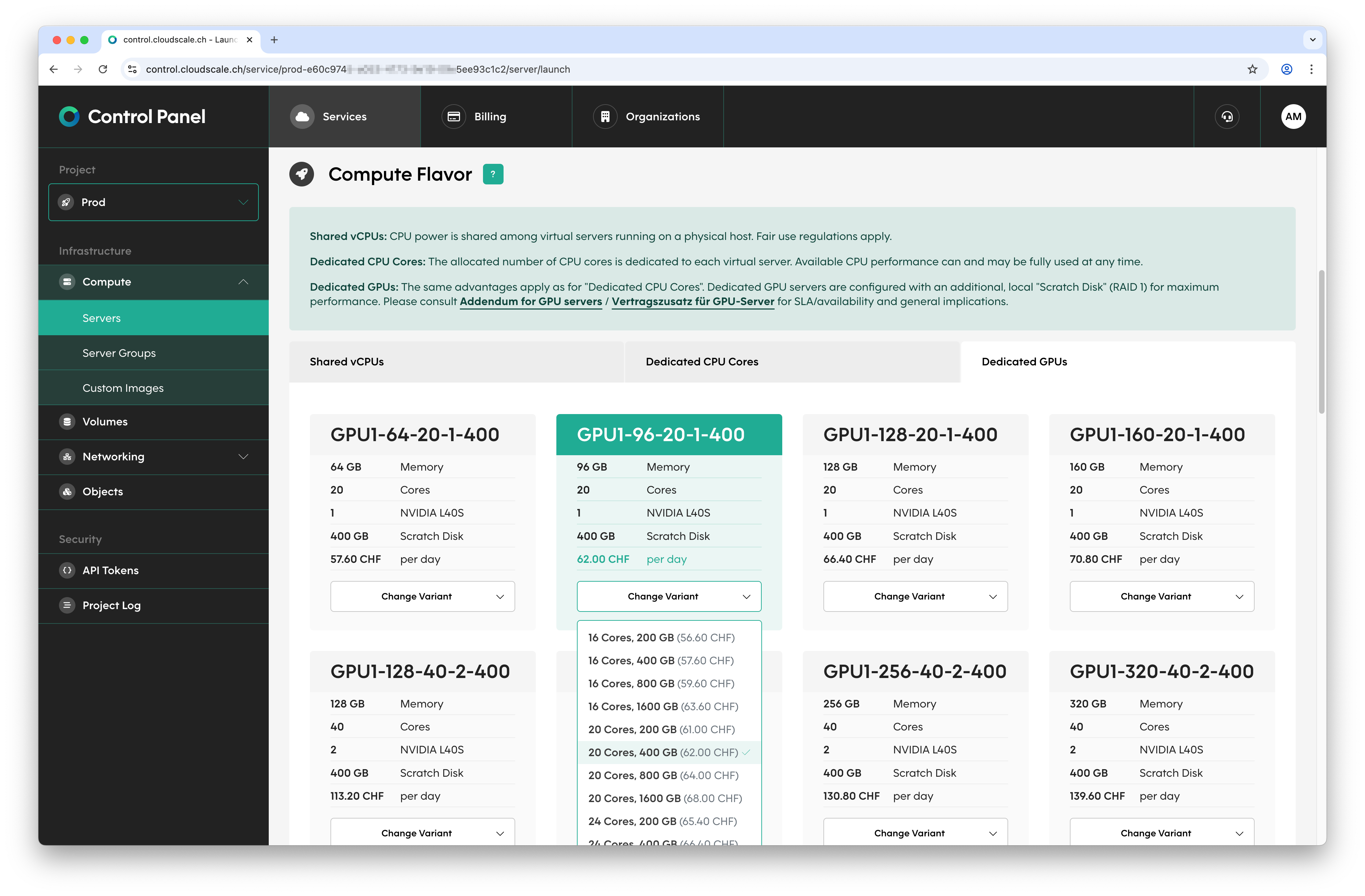 The new GPU servers at cloudscale: dedicated CPU power, 1 to 4 NVIDIA L40S GPUs, and a local scratch disk.
