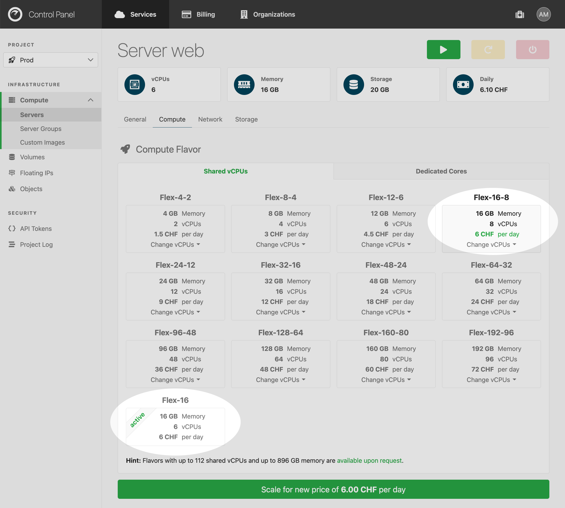 For scaling, all new Flex and Plus flavors are available, e.g. the new Flex-16-8 with more vCPUs than the previous Flex-16.